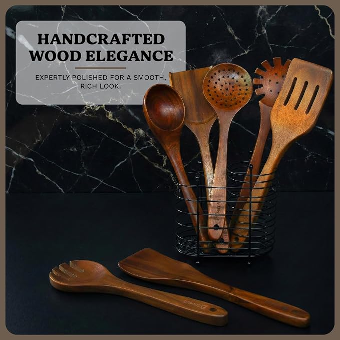 7Pcs Wooden Kitchen Utensil Set, Premium Natural Acacia Wood Cooking Utensils for Nonstick Cookware, Spoon Spatula Turner Ladle Skimmer Pasta Server, BPA Free