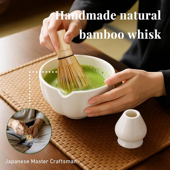 Renmxj Matcha Whisk Set,7 PCS Ceramic Matcha Kit Includes Matcha Bowl with Spout, Matcha Whisk and Holder, Bamboo Scoop, Stainless Sifter, Tea Towel, Unique Gift for Matcha Lovers (White)
