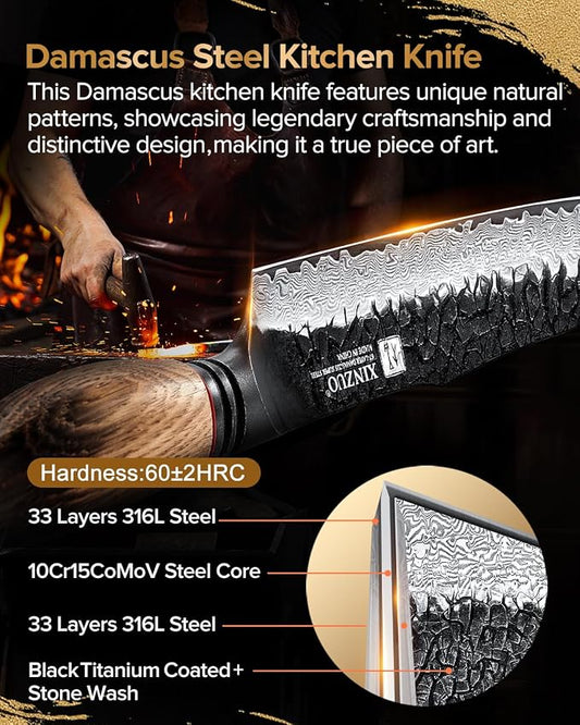 XINZUO 10 Inch Brisket Carving Knife，67-Layer Damascus Steel，Razor Sharp Curved Butcher Breaking Knives For Meat Cutting With White Oak + Red G10 Gasket Handle