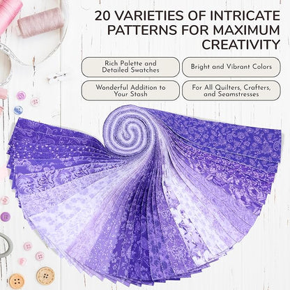Tinyspool & Co.'s Twirlie Roll 40 Precut Quilting Fabric Strips for Quilting Supplies, Crafting, and Sewing, Soft Cotton Strip for Blanket, Rug, Upholstery, Home Decor, and Purse Making, Royal Purple