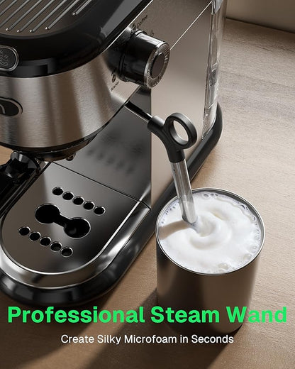 HBN 20 Bar Espresso Machine with Milk Frother, Compact Espresso Maker for Ground Coffee, Stainless Steel Coffee Machine with Steam Wand & 34oz Removable Water Tank, 1450W for Home & Office