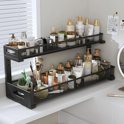 2 Pack 20.47IN Depth Under Sink Storage Organizer, Large 2-Tier Elegant Mesh Pull Out Shelf for Kitchen and Bathroom Cabinet Organization, L-Shaped and Adjustable Height Design-Black