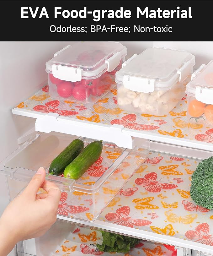 Drawer Liner Shelf Liners for Kitchen Cabinets Non Adhesive - Oil-Resistant Waterproof Sturdy and Resilient Kitchen Cabinet Liners for Shelves, Tool Box, Refrigerator(Red Butterfly, 17.7" W x 360" L)