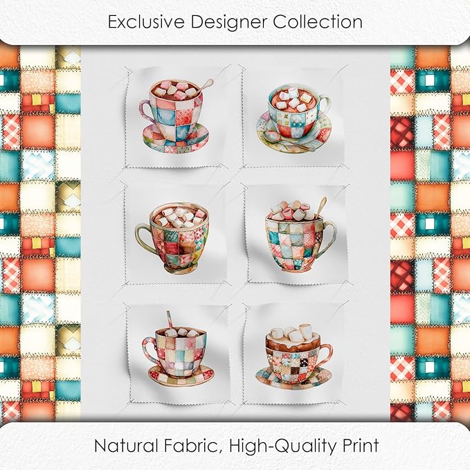Patchwork Hot Cocoa Cotton Fabric Panel – 6 Designs (10×10 inch Each) + Bonus Sheet 29.5×19.6 inch, 100% Cotton 140 GSM, Made in Türkiye