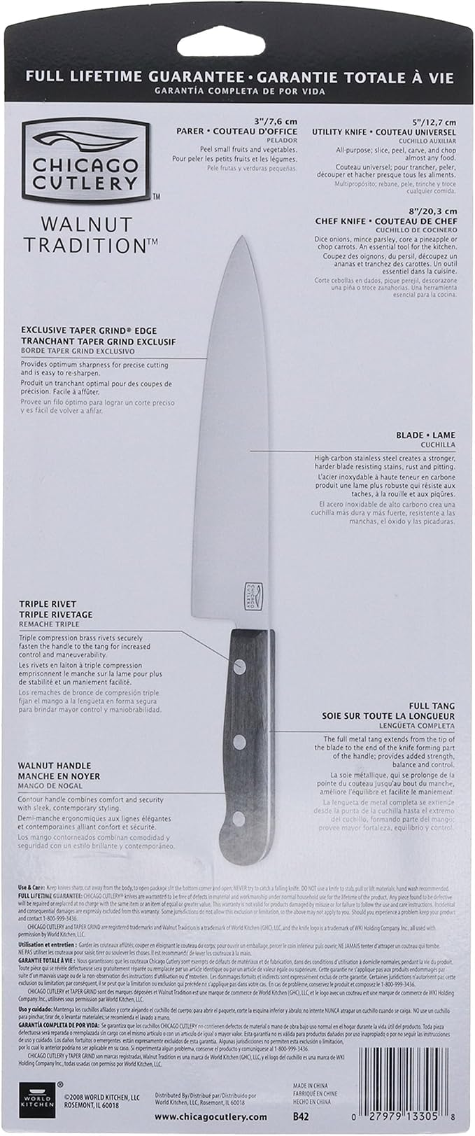 Chicago Cutlery B42 Walnut Tradition 3pc Parer, Utility and Chef Knife Set