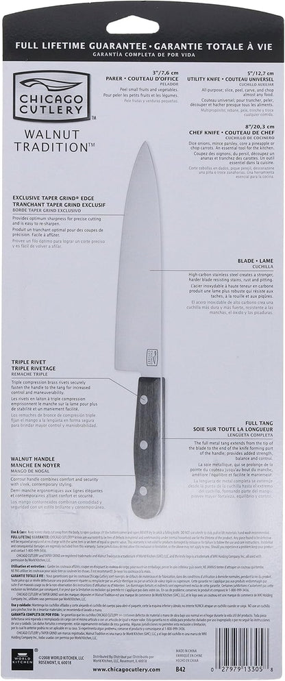 Chicago Cutlery B42 Walnut Tradition 3pc Parer, Utility and Chef Knife Set