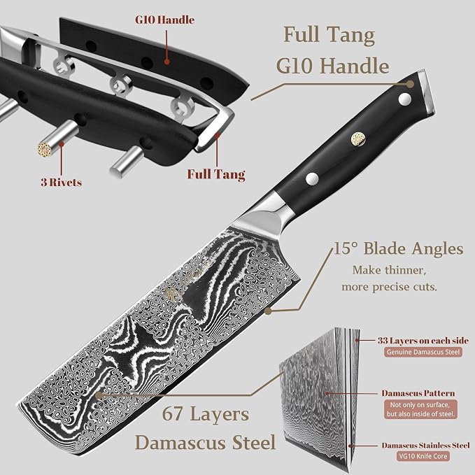 Wakoli Nitoko Nakiri Knife – 6.7-Inch Professional Damascus Vegetable Knife | 67-Layer VG10 Core Steel Blade | Ergonomic G10 Handle | High-Performance Kitchen Knife in Gift Box