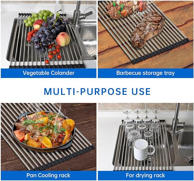 Expandable Roll Up Dish Drying Rack Over The Sink Rack, Foldable Dish Drainer Rack Stainless Steel for Large Sink, Silicone Rollable Collapsible Rack 18 Tube for Kitchen(Sliver,12.8'' to 21.25”)