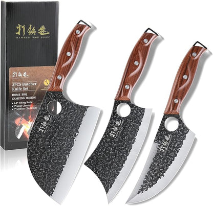 3PCS Butcher Knife Set, 7" Butcher Meat Cleaver, 7" Serbian Chef Knife and 6.5" Viking Knife, Hand Forged Kitchen Knife Set with Plastic Handle, Geat for Home, Camping, BBQ (Unique Finger Hole Design)