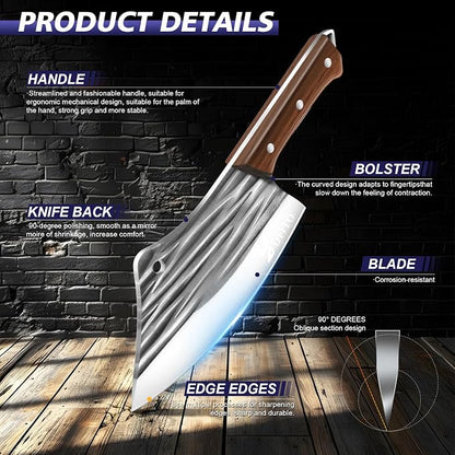 Dfito Butcher Knife Set with Roll Bag, 14 in 1 Professional Chef Knife Set, Hand Forged Bone Chopping Knives & Meat Cleaver Knife & Fillet Knives for Home & Camping & BBQ, Gifts for Men Women