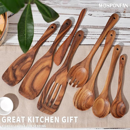 Wooden Utensil Set 9 Pcs,Sturdy & Easy to Clean, Natural Teak Wooden Spoons for Cooking,Spatula Set, Slotted Spoon, Wooden Spoon Set,Terrific for Everyday Kitchen Tasks