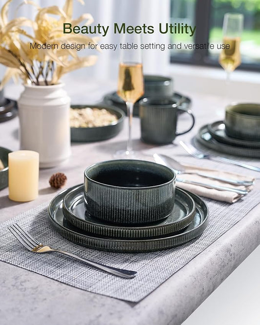 Famiware Star 18-Piece Reactive Glaze Plates and Bowls Sets, Service for 6 - Stoneware Dinnerware with Trim, Modern Rustic Dishes, Chip & Scratch Resistant, Microwave & Dishwasher Safe, Deep Forest
