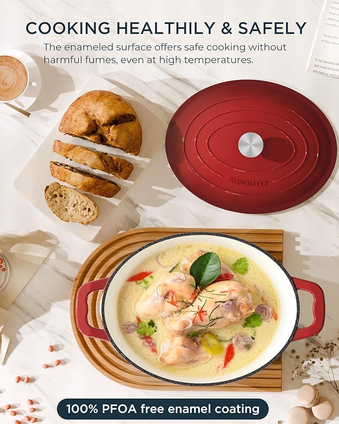Enameled Cast Iron Dutch Oven - 9.3QT Dutch Oven Pot with Lid & Cotton Potholders - Heavy-Duty Non Stick Casserole Pot for Braising, Stews, Roasting, Baking, Suitable for All Stovetops, Cherry Red