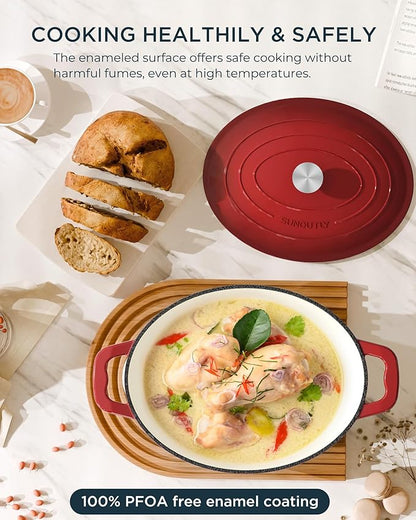 Enameled Cast Iron Dutch Oven - 9.3QT Dutch Oven Pot with Lid & Cotton Potholders - Heavy-Duty Non Stick Casserole Pot for Braising, Stews, Roasting, Baking, Suitable for All Stovetops, Cherry Red