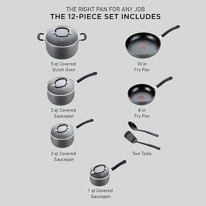 T-fal Ultimate Hard Anodized Nonstick Cookware Set 12 Piece, Oven Broiler Safe 400F, Lid Safe 350F, Kitchen Cooking Set w/Fry Pans, Saucepans, Dutch Oven, Pots and Pans, Dishwasher Safe, Onyx