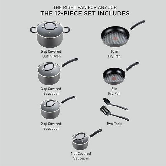 T-fal Ultimate Hard Anodized Nonstick Cookware Set 12 Piece, Oven Broiler Safe 400F, Lid Safe 350F, Kitchen Cooking Set w/Fry Pans, Saucepans, Dutch Oven, Pots and Pans, Dishwasher Safe, Onyx