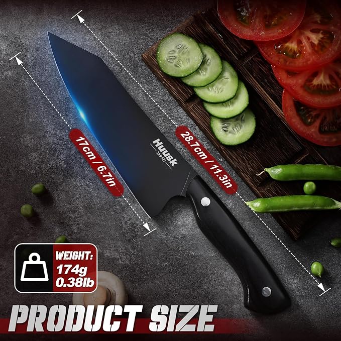 Huusk Japanese Chef Knife for Kitchen - 7" Kirisuke Knife with Black Titanium Coating, Stainless Kitchen Cooking Knifes for Vegetable & Meat Cutting, Ultra Sharp Sushi Knives, Men's Gifts