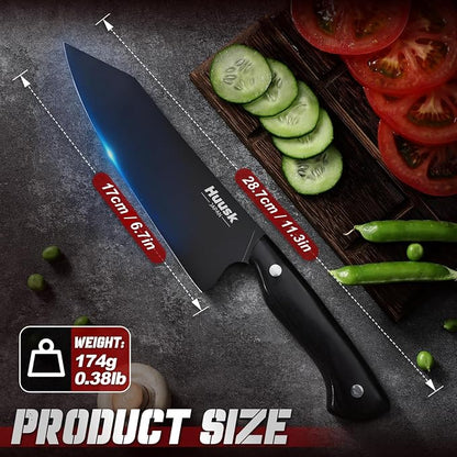 Huusk Japanese Chef Knife for Kitchen - 7" Kirisuke Knife with Black Titanium Coating, Stainless Kitchen Cooking Knifes for Vegetable & Meat Cutting, Ultra Sharp Sushi Knives, Men's Gifts