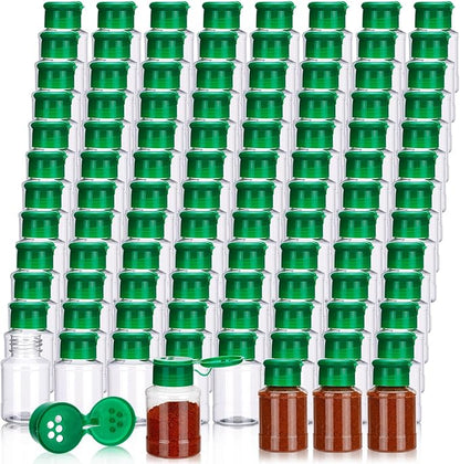 Amyhill 100 Pcs Plastic Spice Bottles Spice Jars with Green Cap Seasoning Jars Shaker 2 Oz/ 60ml Clear Bottle Containers with Shaker Lids for Storing for Spices, Herbs, Powders, Glitters Supplies