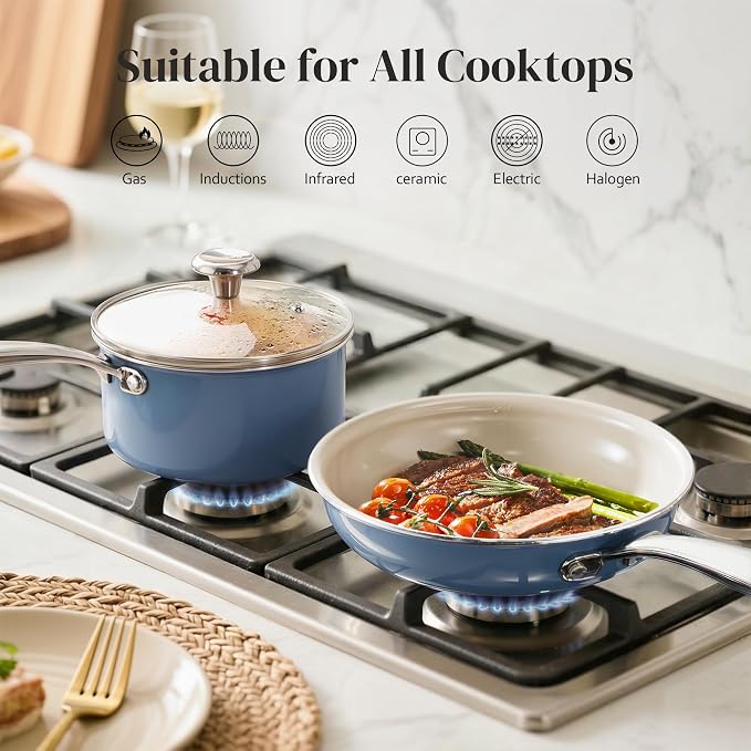 Redchef Saucepan & Frying Pan Set, 8" Ceramic Frying pan & 2.5Qt Saucepan with Lid, Cookware Set, Induction Compatible, Nontoxic PTFE PFOA Free, Oven & Dishwasher Safe, Blue