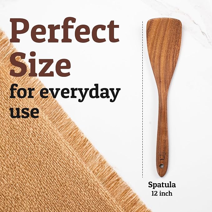 PriorityChef Teak Wood Spatula for Cooking - Flat Wooden Spatula for Cooking on Nonstick Pans, Stirring & Flipping - Wood Kitchen Utensil - Wide Wooden Paddle for Baking & Serving