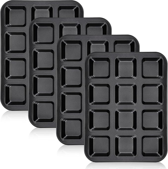 4 Pack Brownie Pan, 12 Cavity All Edges Square Cupcake Brownie Pans Mini Cake Non-stick Bakeware for Bread Loaf Cake Cookie Oven, Heavy Duty Carbon Steel Mini Muffin Pan