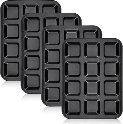 4 Pack Brownie Pan, 12 Cavity All Edges Square Cupcake Brownie Pans Mini Cake Non-stick Bakeware for Bread Loaf Cake Cookie Oven, Heavy Duty Carbon Steel Mini Muffin Pan