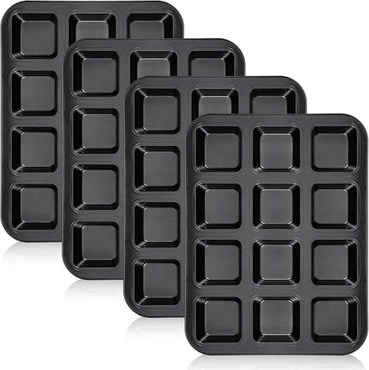 4 Pack Brownie Pan, 12 Cavity All Edges Square Cupcake Brownie Pans Mini Cake Non-stick Bakeware for Bread Loaf Cake Cookie Oven, Heavy Duty Carbon Steel Mini Muffin Pan