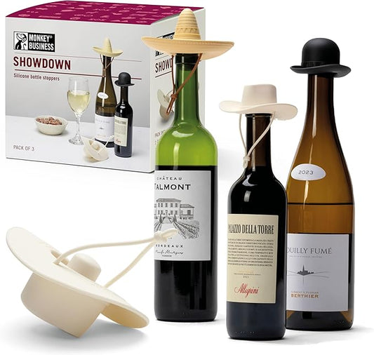 Monkey Business Showdown Silicone Wine Stoppers (Set of 3) – Fun selection of Cowboy Hats: Howdy, elCorko, & Bowler | Food-Grade, Leakproof Novelty Gifts for Wine Lovers