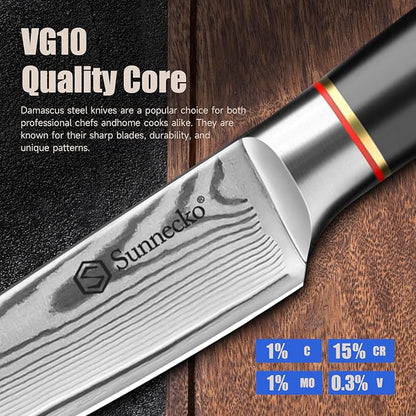Sunnecko Damascus Paring Knife,Japanese VG10 Core Steel Damascus Fruit Knife,Professional Razor Sharp Small Kitchen Knives with Knives Sharpner