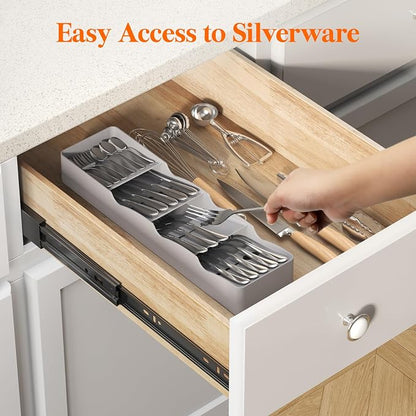Lifewit Compact Flatware Drawer Organizer, Narrow Silverware Tray for Kitchen Drawers, Plastic Cutlery Holder for Spoons, Forks and Knives, Utensils Storage Organization, 2 Pack, Gray