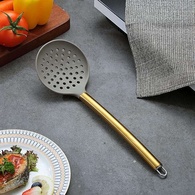Gold Skimmer, Berglander Non-stick Silicone Strainer With Titanium Gold Plating handle, Kitchen Cooking Skimmers For Non-Stick Cookware, Dishwasher Safe, Easy to Clean