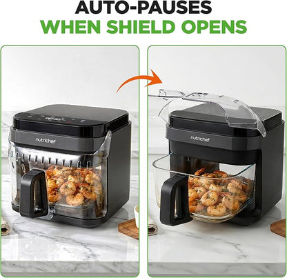 NutriChef 5.8 Quart Air Fryer | Glass Airfryer with 8-in-1 Digital Presets | Stainless Steel Fryer Design | Glass Fry Bowl with Flip-Up Safety Shield | Compact Air-Fryer for Even Cooking | Black