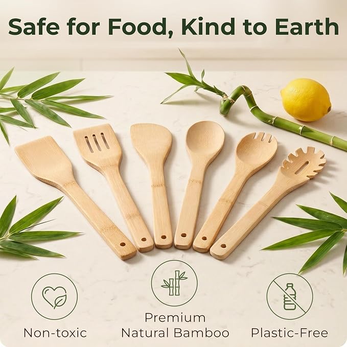 Bamboo Wooden Utensil Set, 6 Pcs - Nonstick Safe & Heat-Resistant Bamboo Utensils for Cooking - Easy to Clean & Sturdy Wooden Spoons for Cooking & Wood Spatula with Smooth Finish & Comfortable Handles