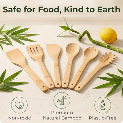 Bamboo Wooden Utensil Set, 6 Pcs - Nonstick Safe & Heat-Resistant Bamboo Utensils for Cooking - Easy to Clean & Sturdy Wooden Spoons for Cooking & Wood Spatula with Smooth Finish & Comfortable Handles
