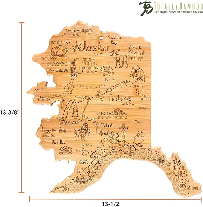 Totally Bamboo Destination Alaska State Shaped Serving and Cutting Board, Includes Hang Tie for Wall Display