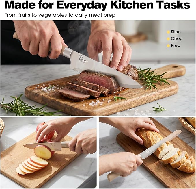 Knife Set, Kitchen Knife Set with Block, 7 Pcs Compact Knife Set, Knife Block Set Space Saving Stainless Steel Kitchen Knives with Scissors for Small Kitchens, Apartment & Everyday Cooking