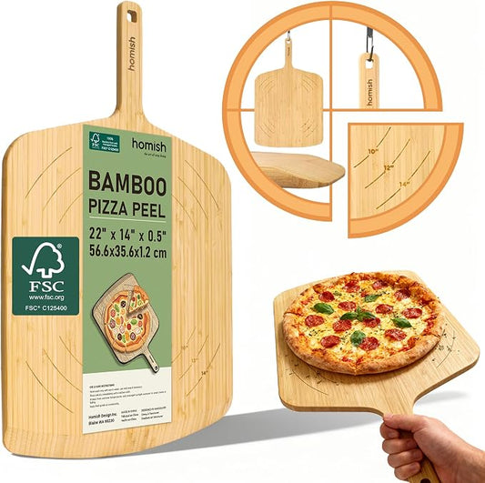 Bamboo Pizza Peel with Size Markings – 10”, 12”, 14 inch Wood Pizza Paddle Turner with Easy-Grip Handle for Sliding in Oven | Non Stick Board for Homemade Baking, Serving, Cutting Bread & Pastries