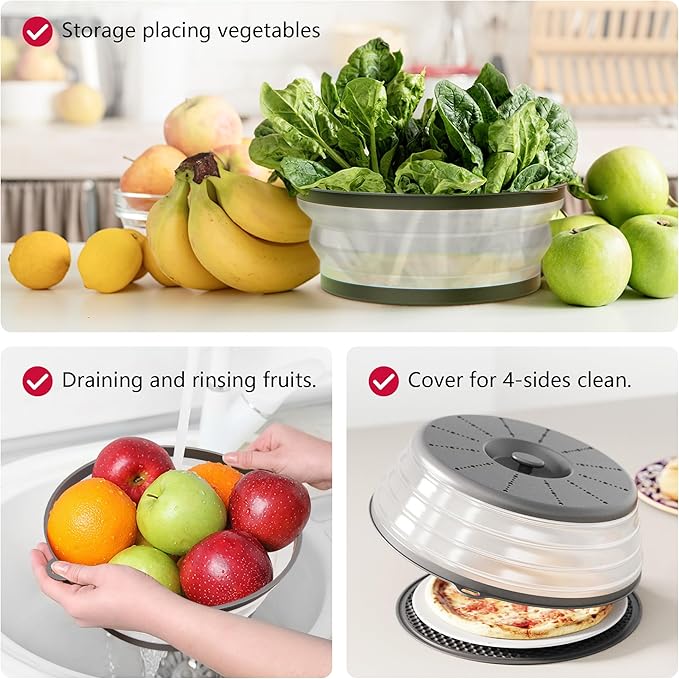 WVM Microwave Splatter Cover & Mat, Vented Collapsible Splatter Guard dish Plate lid & Silicone Round Kitchen Mat for Food, Meal Prep, Dark Grey