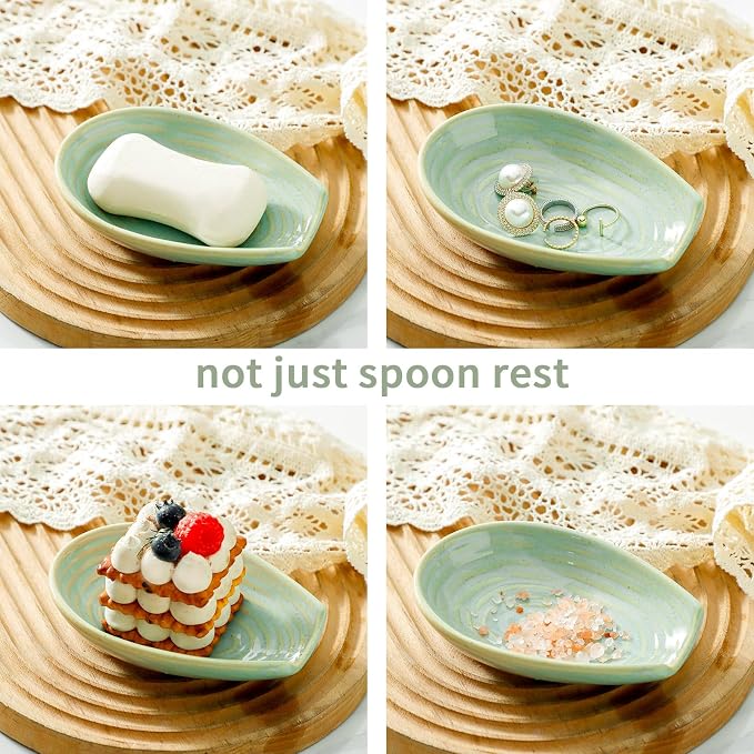 HASENSE Ceramic Spoon Rest for Stove Top, Heat-Resistant Spoon Holder for Kitchen Counter, Sage Green Swirl Utensil Rest for Spatula, Ladle, Whisk & Cutlery, Dishwasher & Microwave Safe
