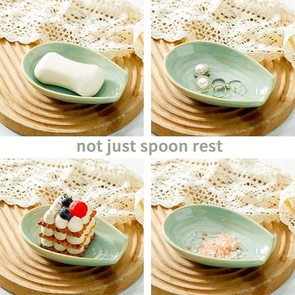 HASENSE Ceramic Spoon Rest for Stove Top, Heat-Resistant Spoon Holder for Kitchen Counter, Sage Green Swirl Utensil Rest for Spatula, Ladle, Whisk & Cutlery, Dishwasher & Microwave Safe