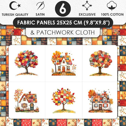 Autumn Patchwork Cottage Fabric Panel – Six 10×10 inch Designs + Bonus 29.5×19.6 inch Patchwork Sheet, 100% Turkish Cotton 140 GSM