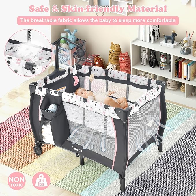 INFANS 3 in 1 Pack and Play, Portable Travel Baby Bassinet with Detachable Mattress, Changing Table, Foldable Playpen with Carry Bag, 2 Wheels (Cartoon)