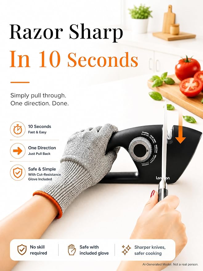Longzon 6-in-1 Knife Sharpener 5 Stage with Cut-Resistant Glove, Manual Kitchen Tool for Scissors, Straight & Serrated Knives, Quickly Sharpens Restores & Polishes Dull Blades Safe for Home Kitchen