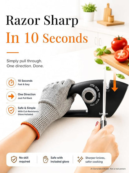 Longzon 6-in-1 Knife Sharpener 5 Stage with Cut-Resistant Glove, Manual Kitchen Tool for Scissors, Straight & Serrated Knives, Quickly Sharpens Restores & Polishes Dull Blades Safe for Home Kitchen