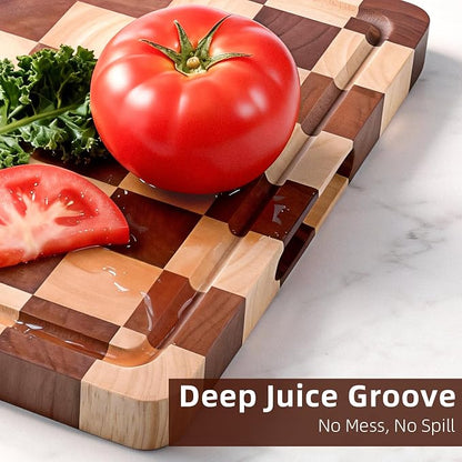 Checkered Cutting Board, Square Wooden Checkerboard Cutting Board for Kitchen 12 x 12 x 1", Rubber Wood Butcher Block Chopping Board with Juice Grooves & Handles for Meat, Vegetables & Cheese