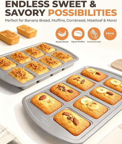 Bake Choice Mini Loaf Pan, 8-Cavity Non-Stick Carbon Steel Baking Pans Set for Banana Bread, Cornbread, Cheesecake, Muffins, Pound Cake, Small Meatloaf, Bread Pan