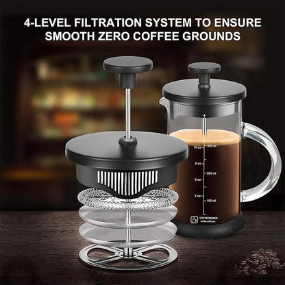 YMMIND French Press Coffee Maker 12 Ounce Espresso Tea Coffee Maker with 4 Filters System, Stainless Steel Plunger and Heat Resistant Borosilicate Glass BPA-Free Brewed Tea Pot Coffee Plunger