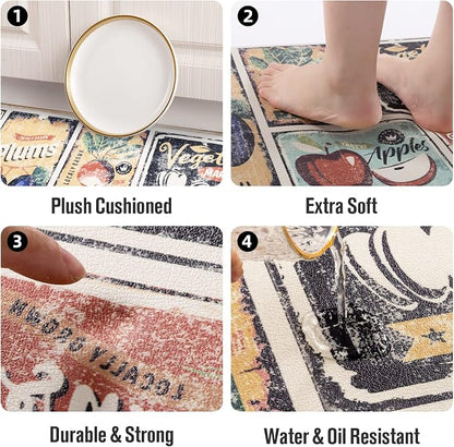 Carvapet 2 Pieces Kitchen Floor Mats – 17"x27" + 17"x47" Cushioned Anti Fatigue Kitchen Rugs and Mats Set, Non Slip Farmhouse Fruit & Vegetable Comfort Floor Mats for Sink, Laundry, and Doorway