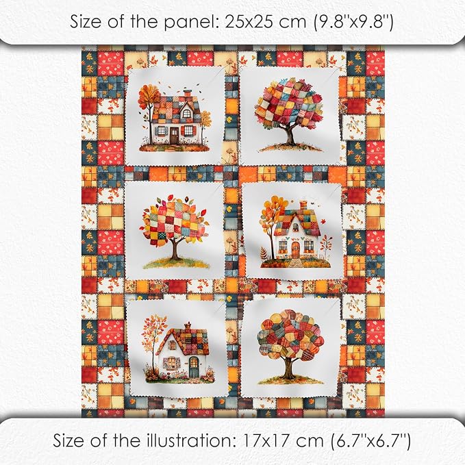 Autumn Patchwork Cottage Fabric Panel – Six 10×10 inch Designs + Bonus 29.5×19.6 inch Patchwork Sheet, 100% Turkish Cotton 140 GSM